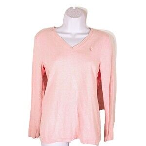 Tommy Hilfiger Pink V Neck Long Sleeve Preppy Old Money Classic Sweater Size M